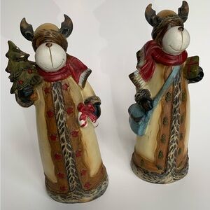 Reindeer Figurines Snow Hat and Jacket Christmas Tree and Gift Vintage